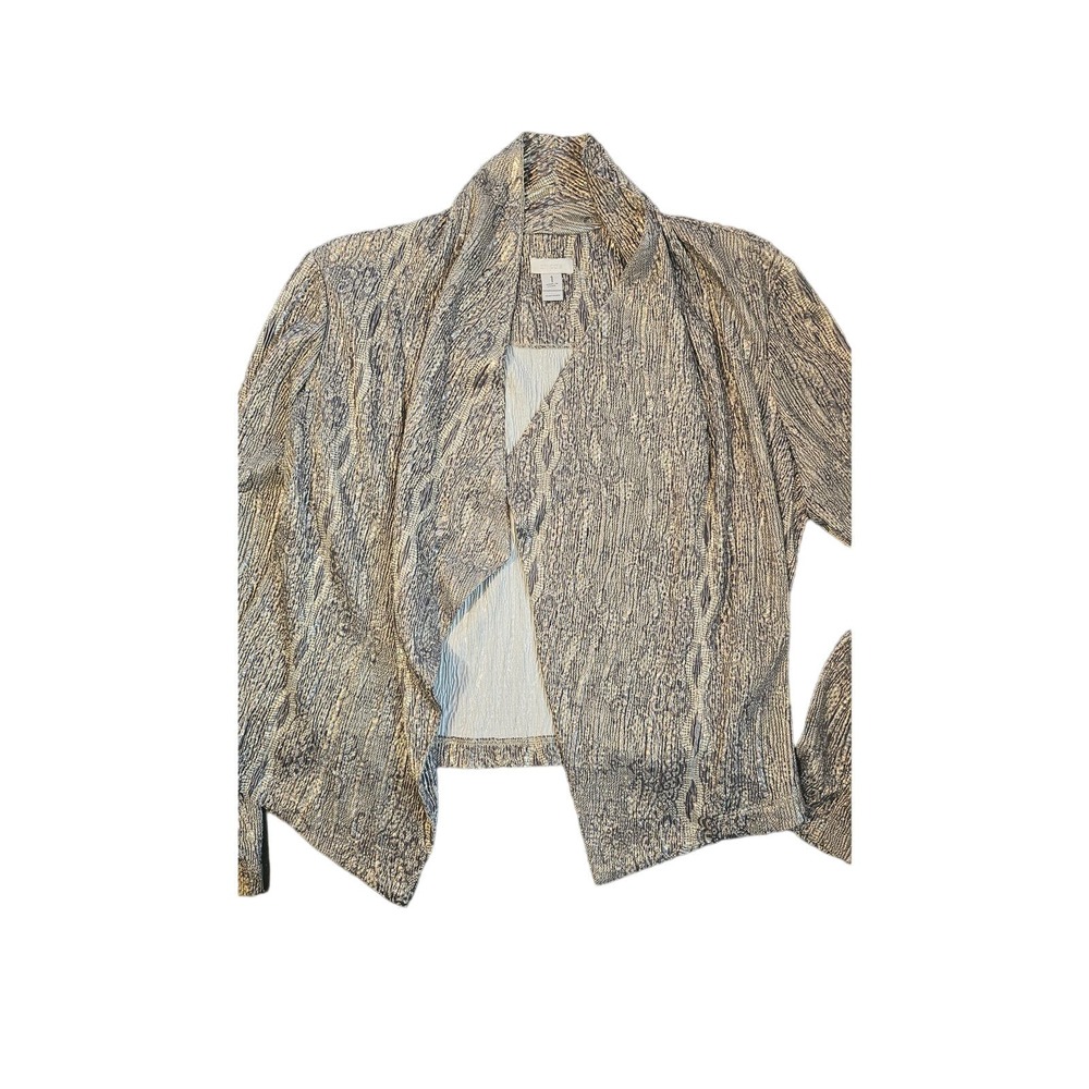 Chico's Crinkle Metallic‎ Drape Front Jacket Size 1 M 8 - Gold Black Stretch